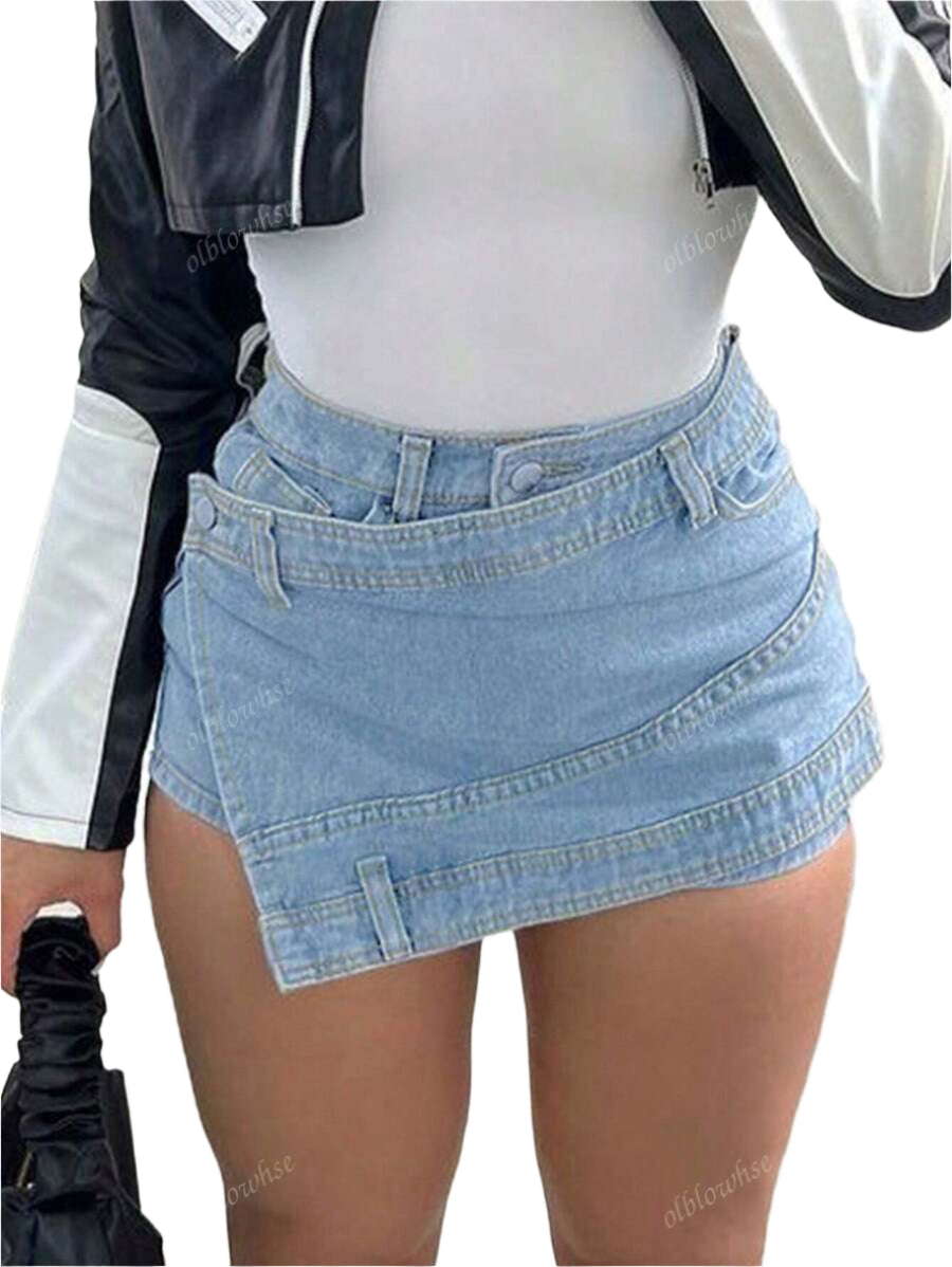 Mini-jupes portefeuille asymétriques décontractées en jean skinny pour femmes