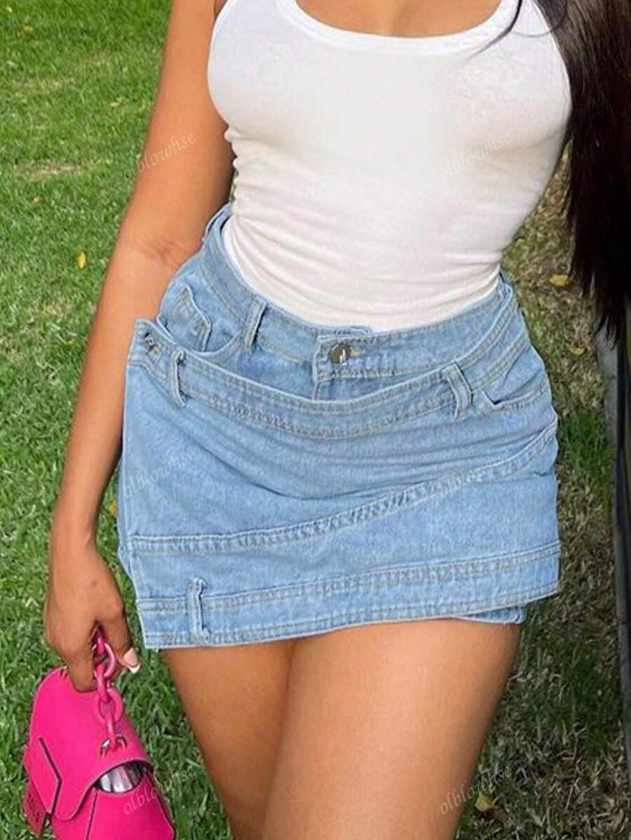 Casual asymmetric wrap mini skirts in skinny denim for women