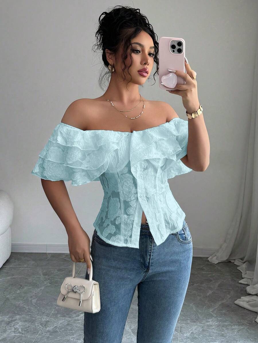 Flirty off-shoulder ruffled fitted tops romantic chic style