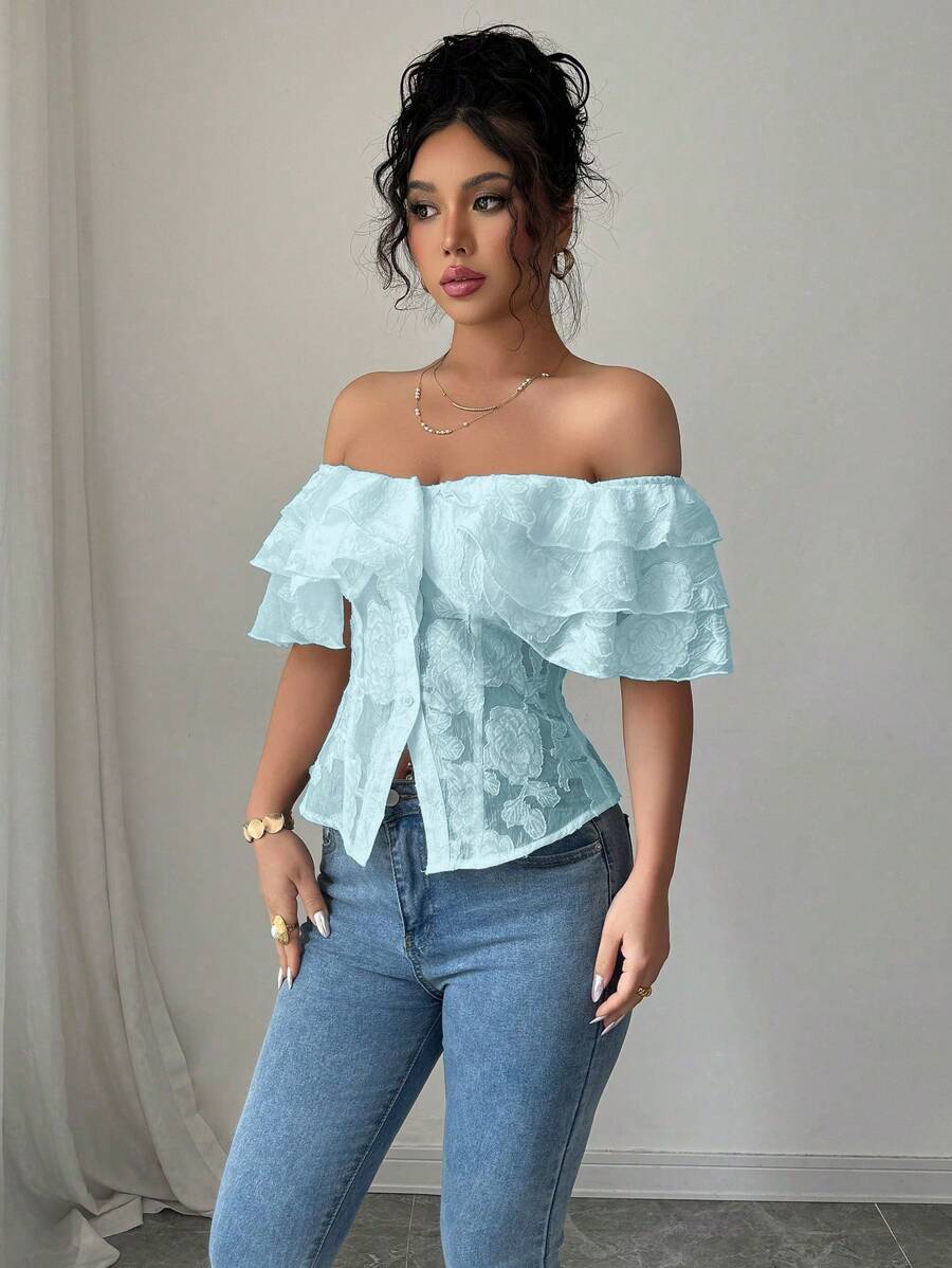 Flirty off-shoulder ruffled fitted tops romantic chic style