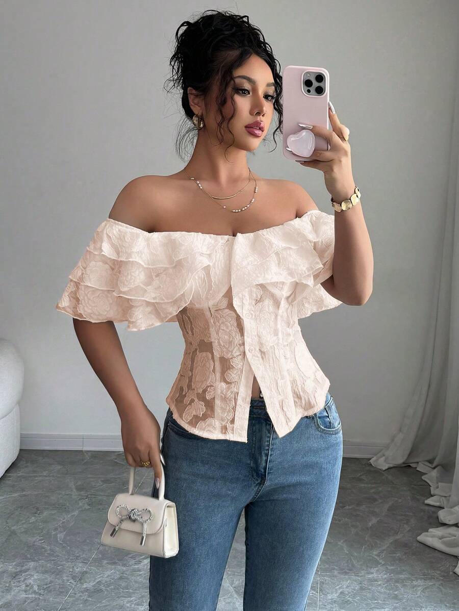 Flirty off-shoulder ruffled fitted tops romantic chic style