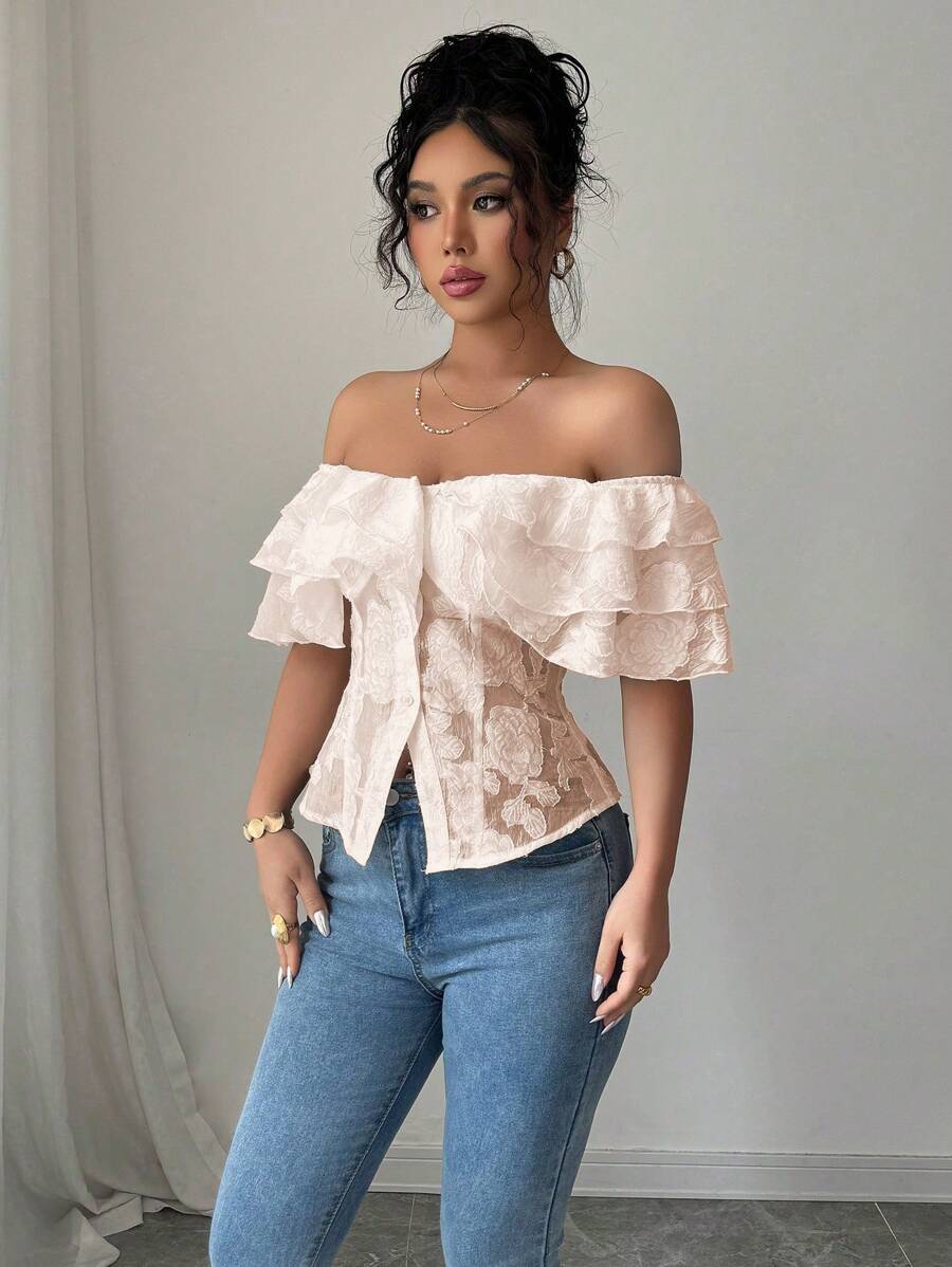 Flirty off-shoulder ruffled fitted tops romantic chic style