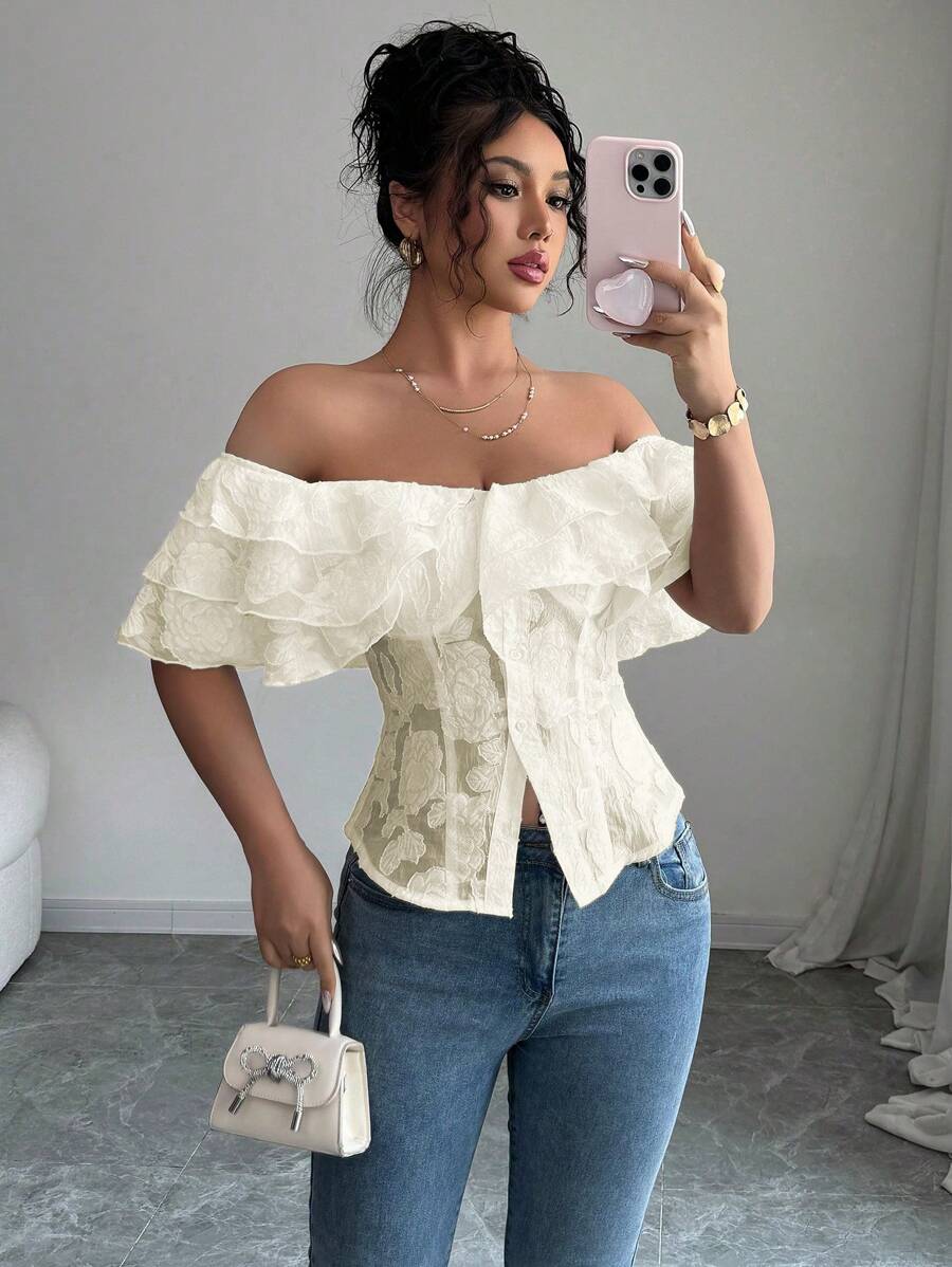 Flirty off-shoulder ruffled fitted tops romantic chic style