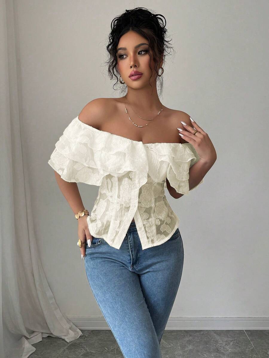 Flirty off-shoulder ruffled fitted tops romantic chic style