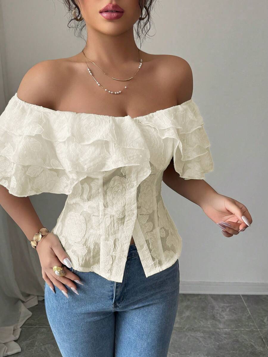 Flirty off-shoulder ruffled fitted tops romantic chic style