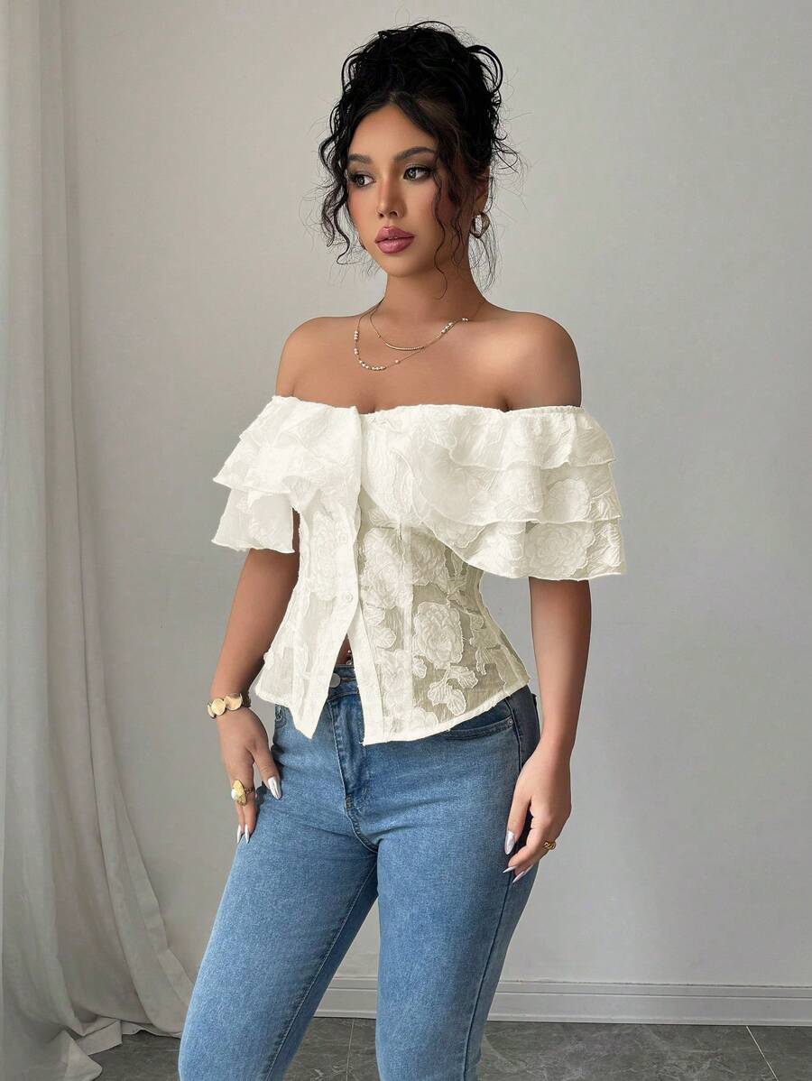 Flirty off-shoulder ruffled fitted tops romantic chic style