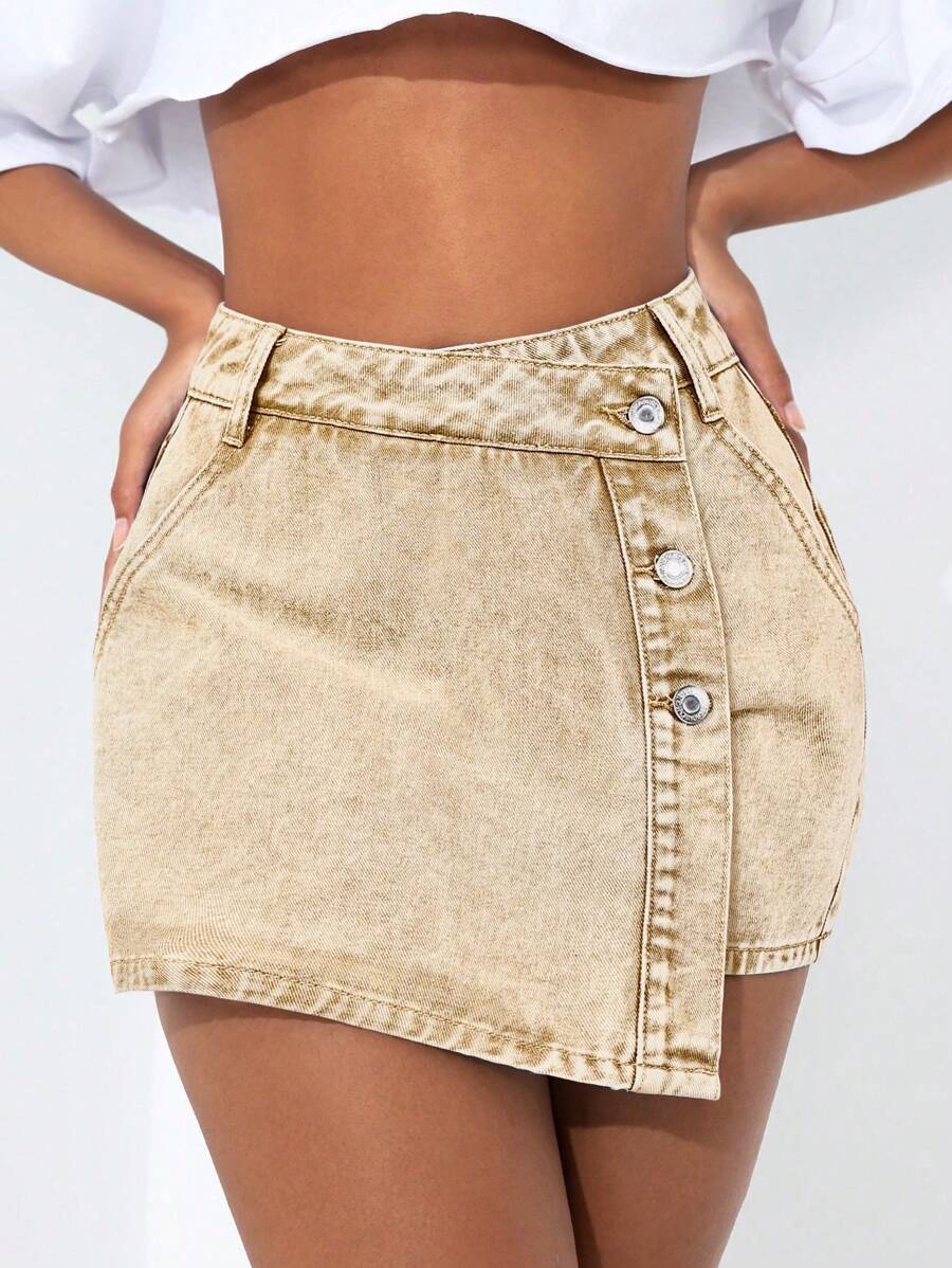 Mini-jupe en jean taille haute avec bouton sur le devant pour femme