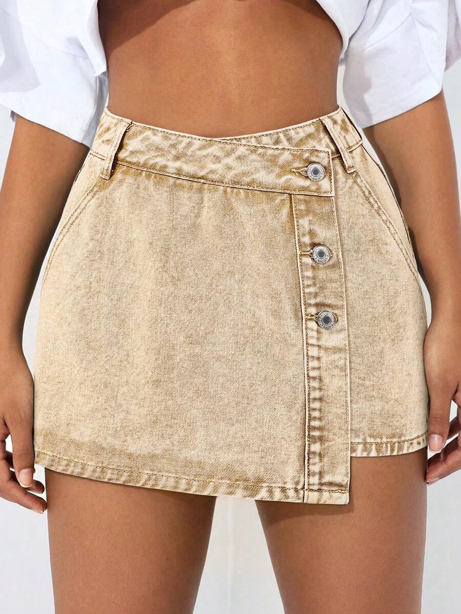 Mini-jupe en jean taille haute avec bouton sur le devant pour femme