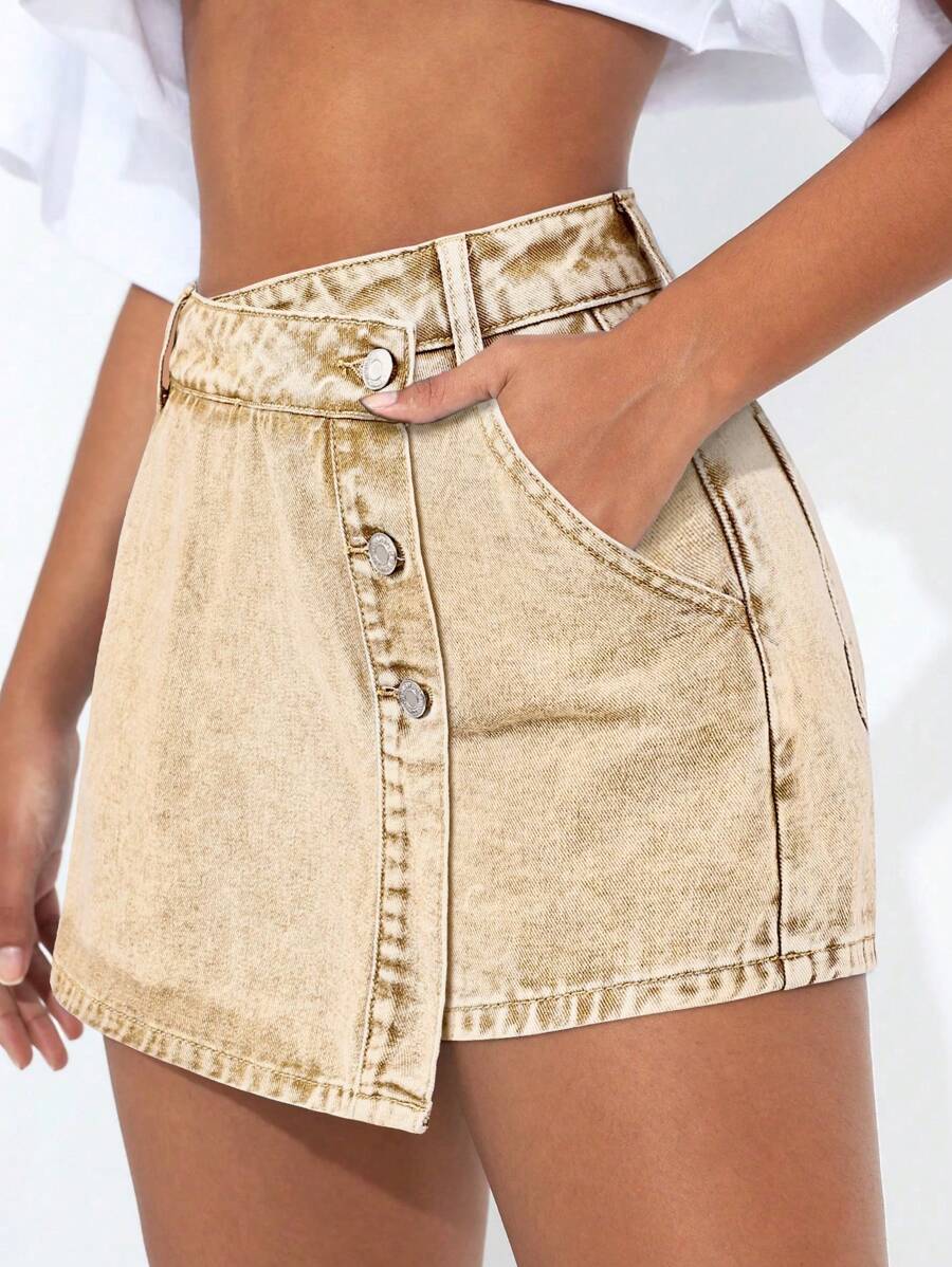 Mini-jupe en jean taille haute avec bouton sur le devant pour femme