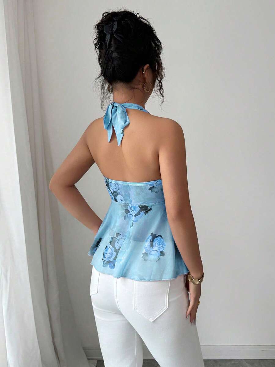 Floral halter top and coquettish with knotted mesh on the front for women