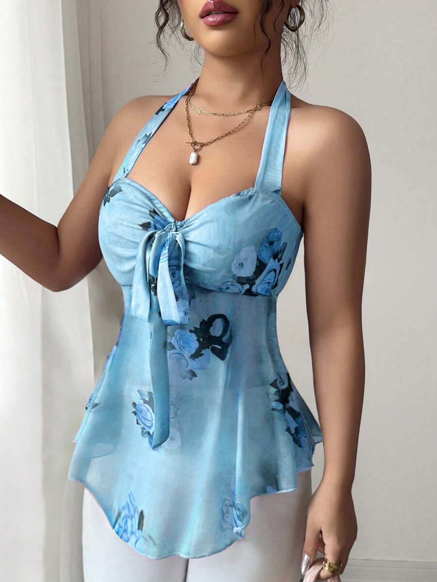 Floral halter top and coquettish with knotted mesh on the front for women