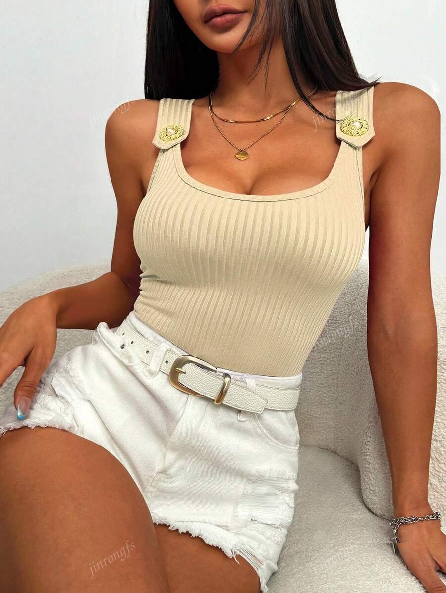Ribbed knit tank tops with wide straps for women – Casual slim fit summer top