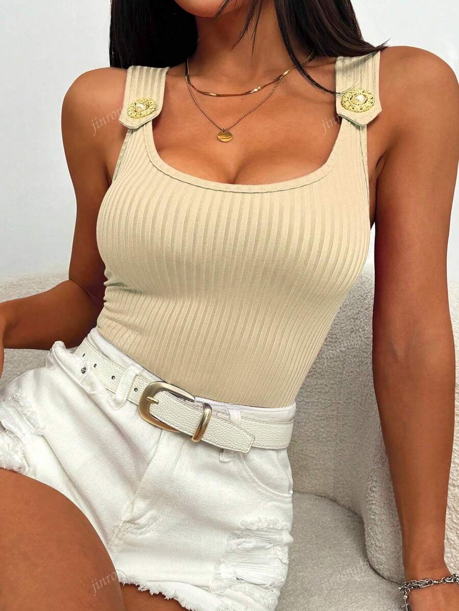 Ribbed knit tank tops with wide straps for women – Casual slim fit summer top