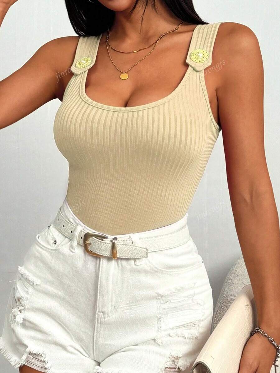 Ribbed knit tank tops with wide straps for women – Casual slim fit summer top
