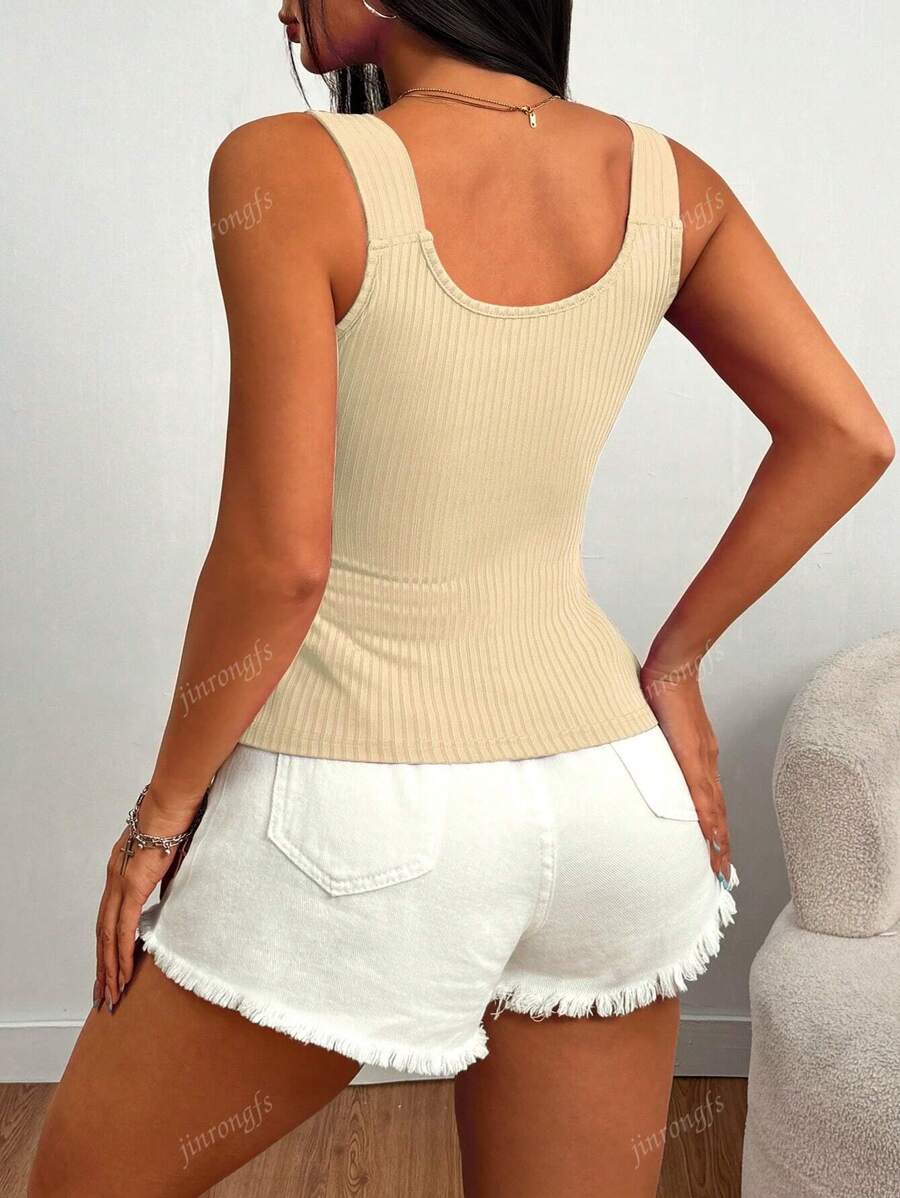 Ribbed knit tank tops with wide straps for women – Casual slim fit summer top