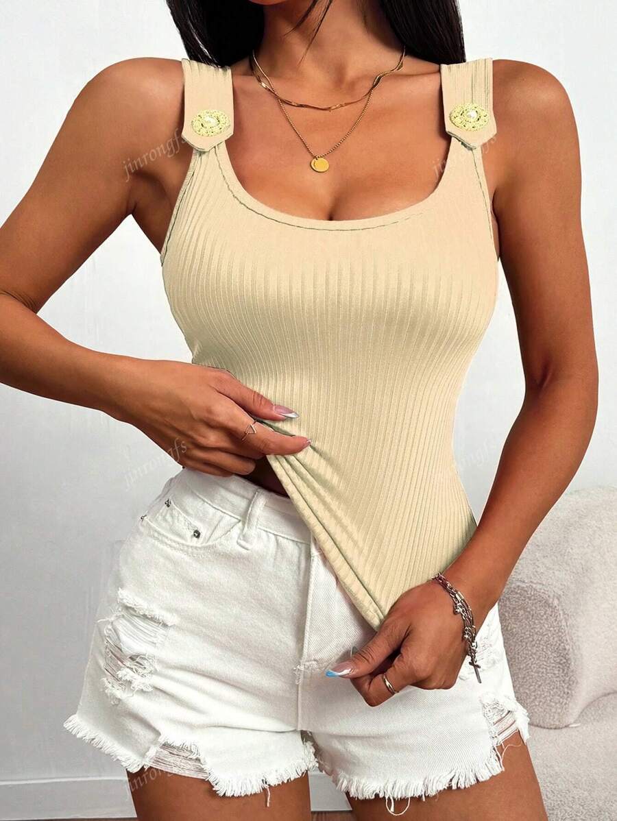 Ribbed knit tank tops with wide straps for women – Casual slim fit summer top