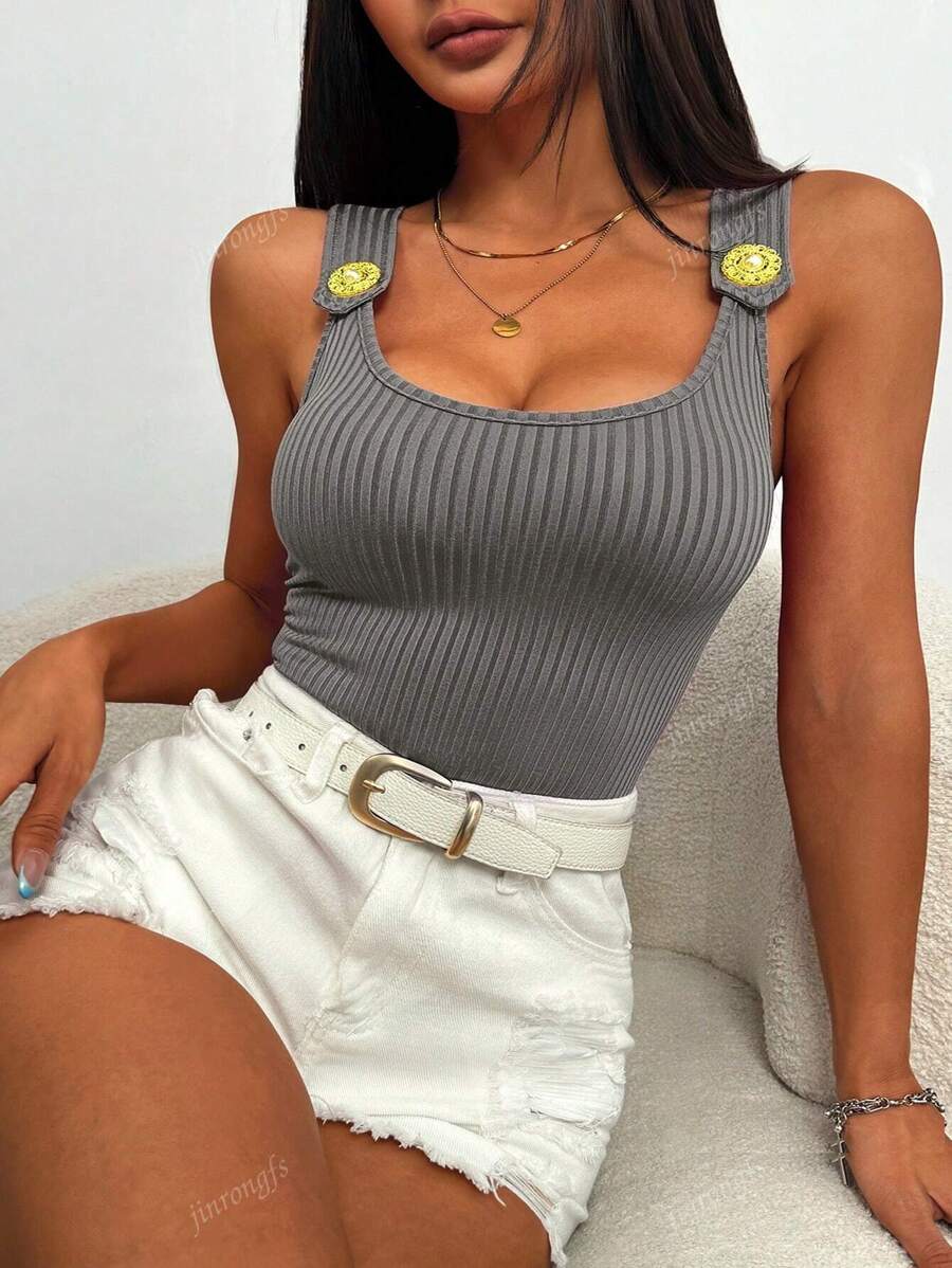 Ribbed knit tank tops with wide straps for women – Casual slim fit summer top