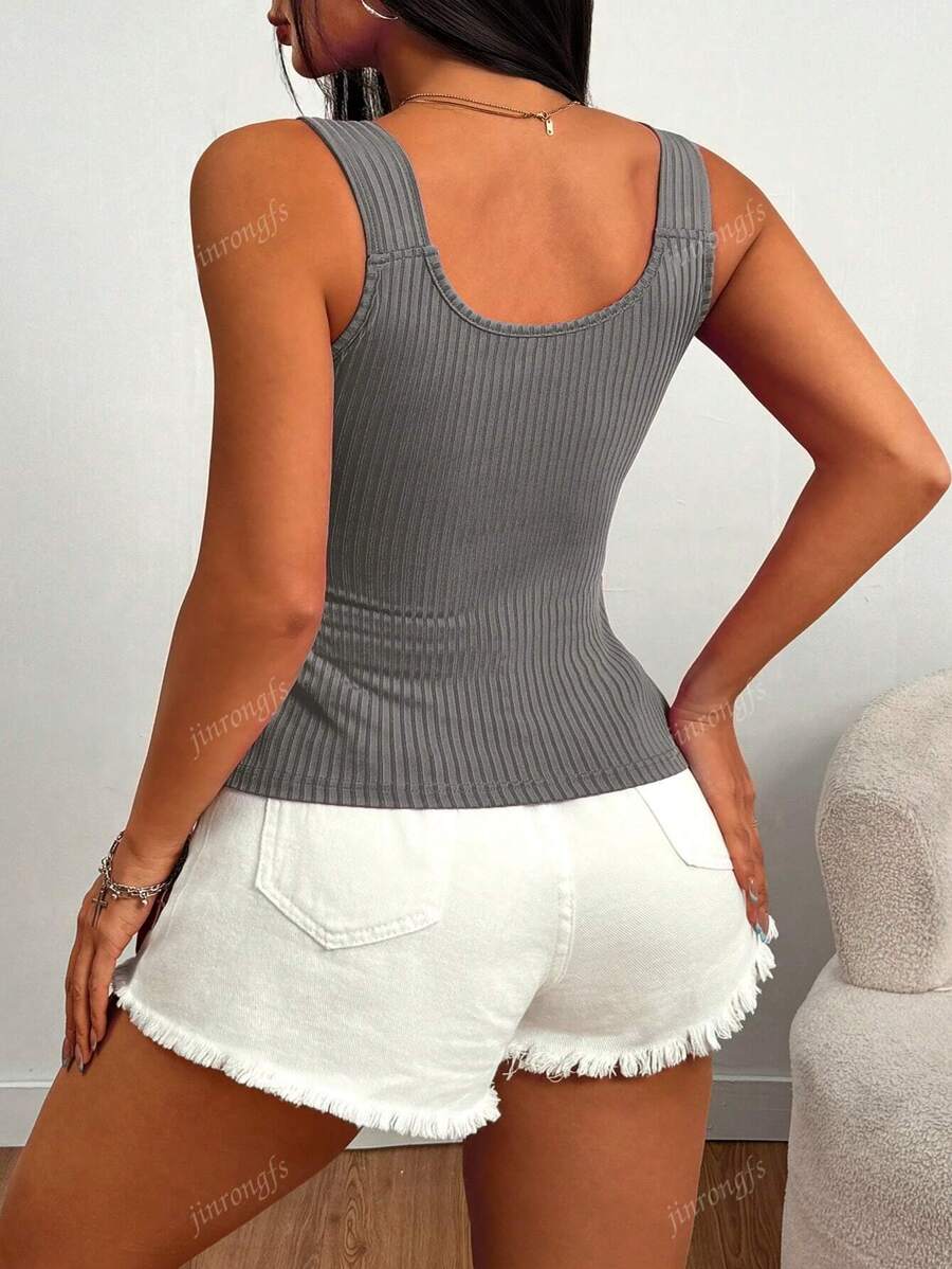 Ribbed knit tank tops with wide straps for women – Casual slim fit summer top