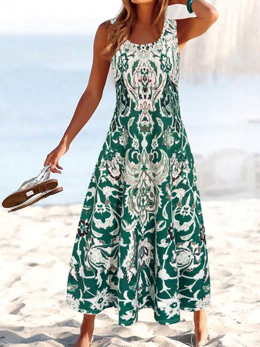 Elegant blomstrede midi kjole med print, let til ferie og sommer
