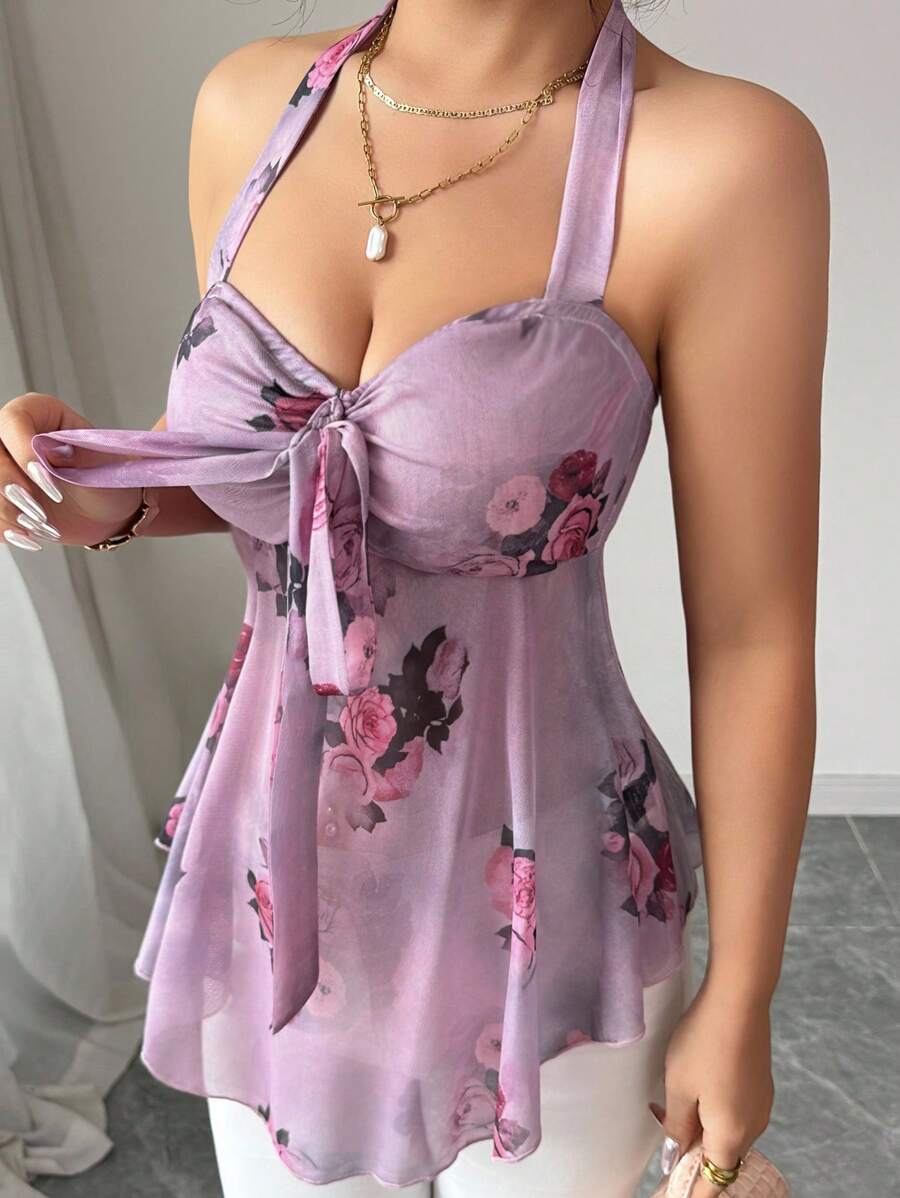 Floral halter top and coquettish with knotted mesh on the front for women