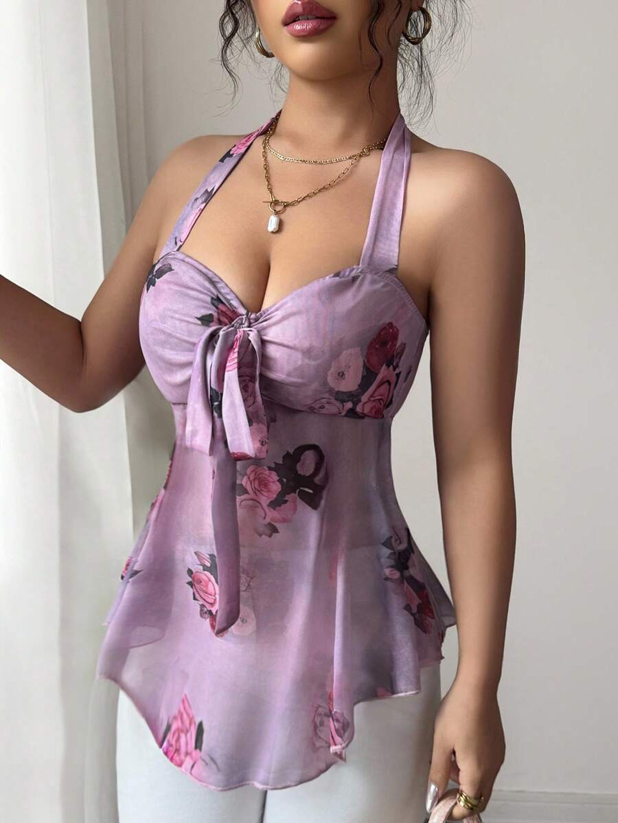 Floral halter top and coquettish with knotted mesh on the front for women