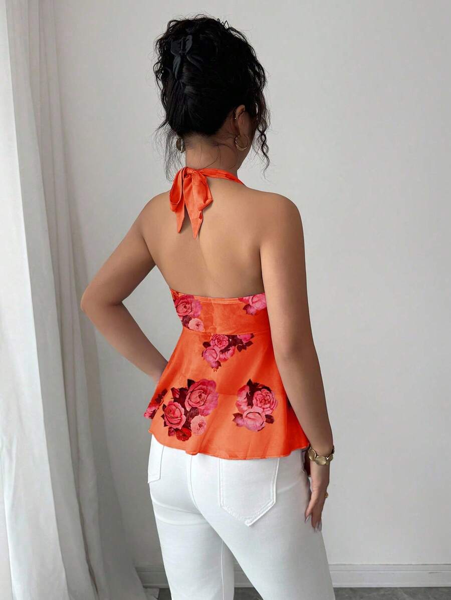 Floral halter top and coquettish with knotted mesh on the front for women