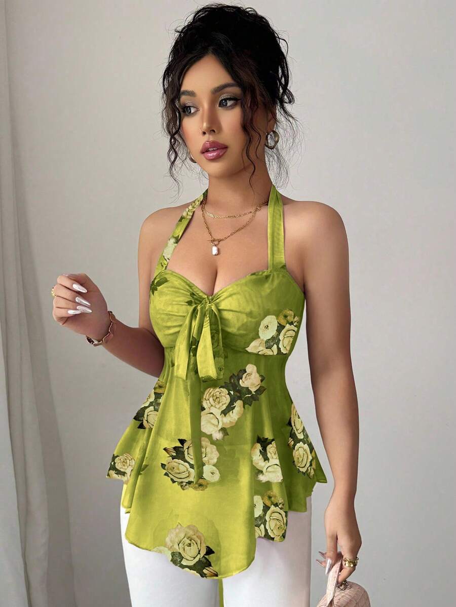 Floral halter top and coquettish with knotted mesh on the front for women