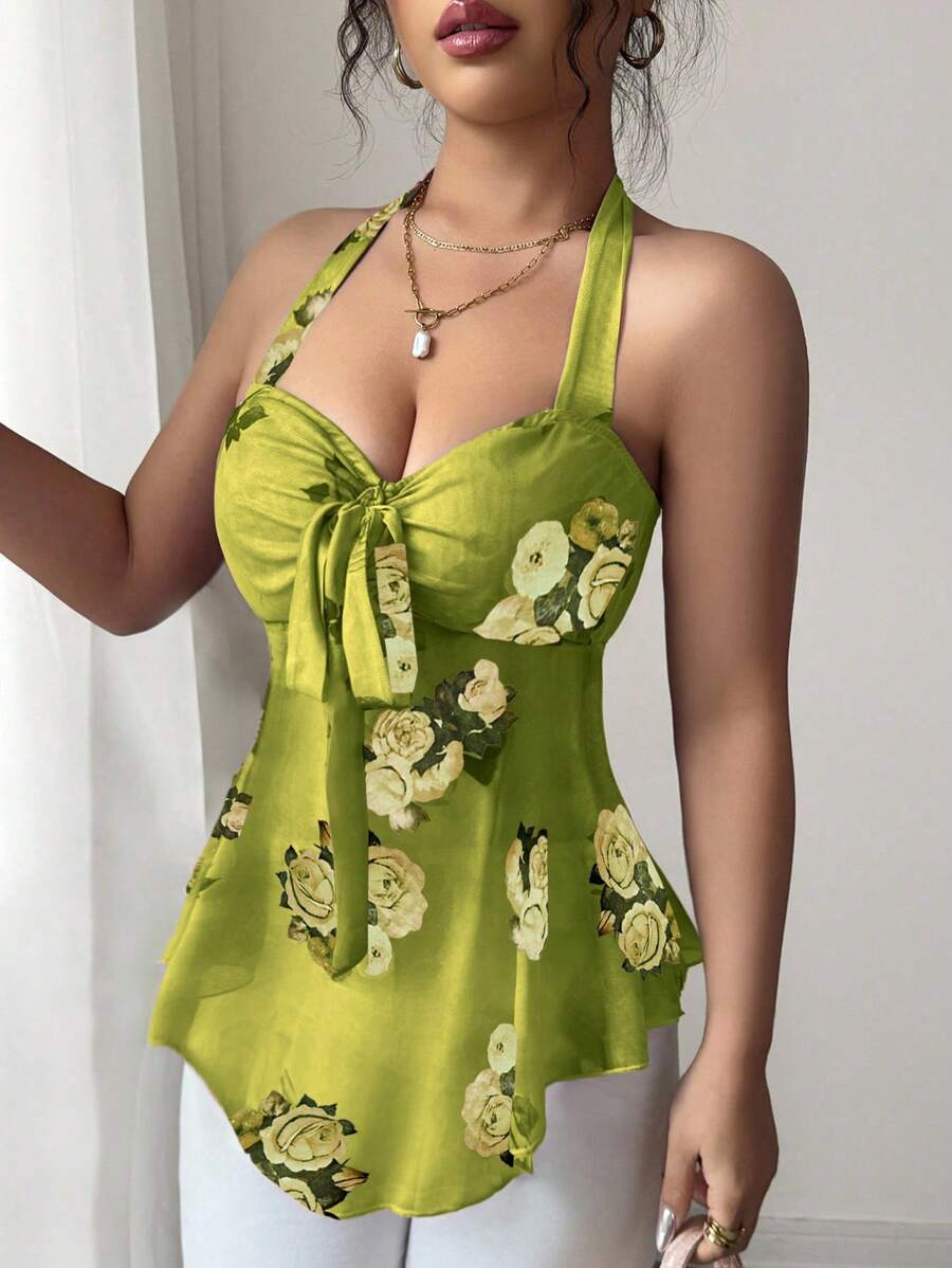 Floral halter top and coquettish with knotted mesh on the front for women