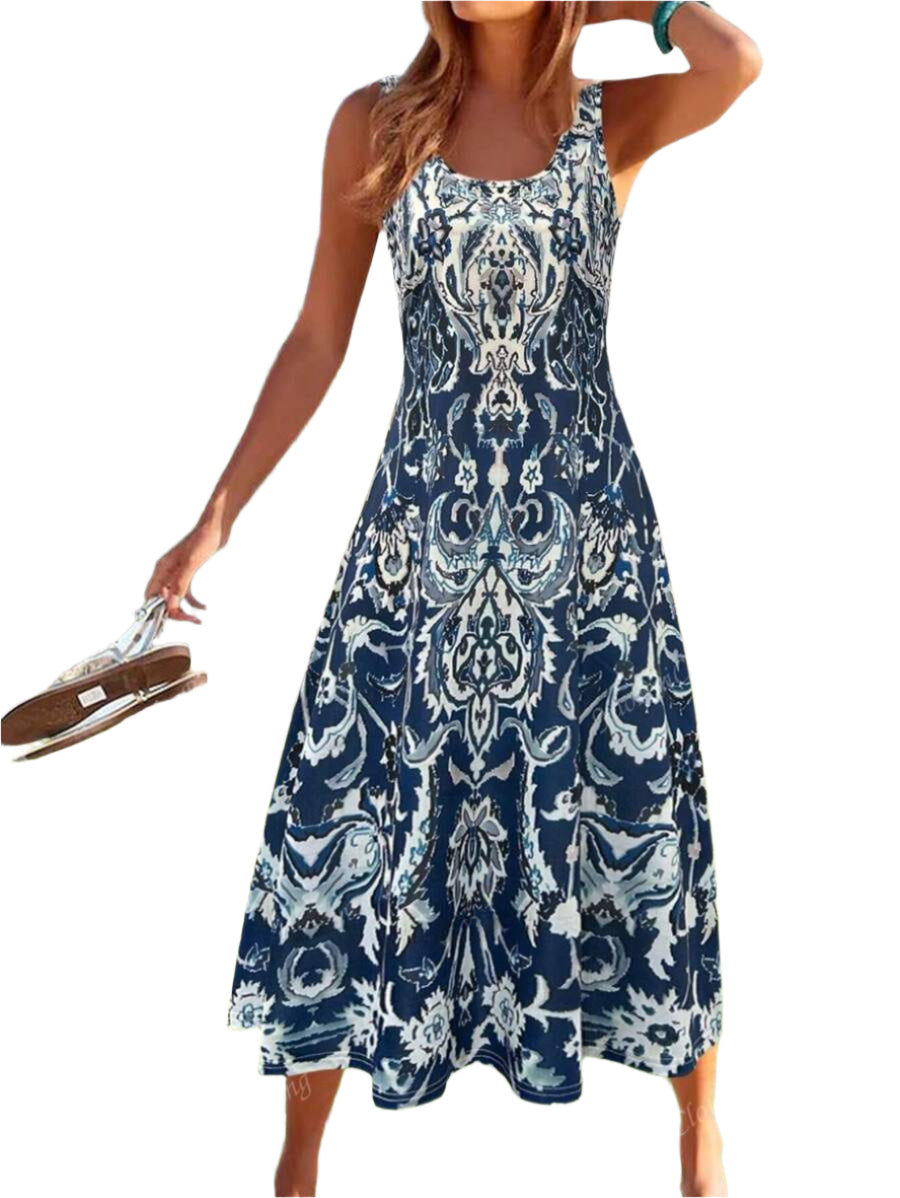 Elegant printed floral midi dress, flowy for holidays and summer