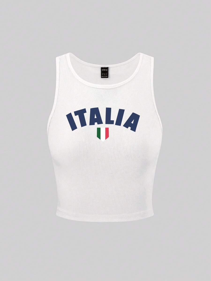 Ribbed knit graphic print tank tops for women – Casual summer top