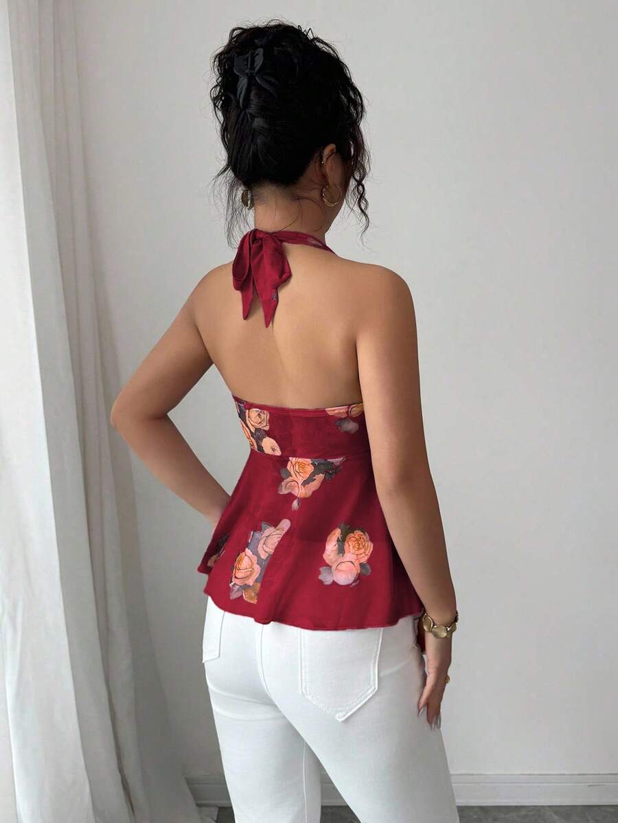 Floral halter top and coquettish with knotted mesh on the front for women