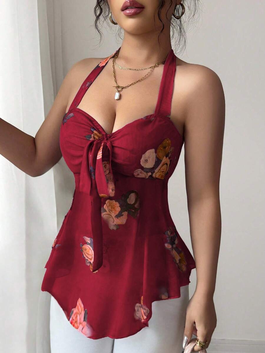 Floral halter top and coquettish with knotted mesh on the front for women