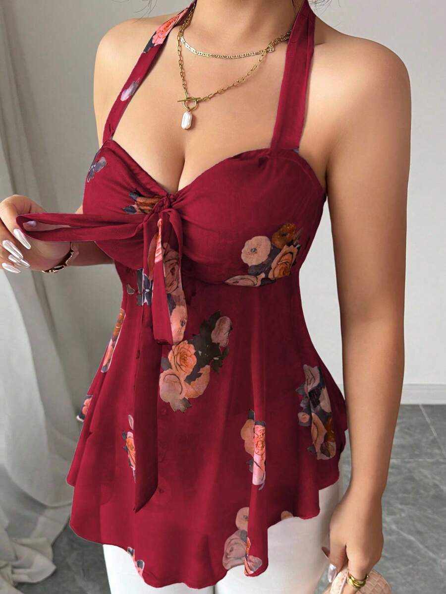 Floral halter top and coquettish with knotted mesh on the front for women