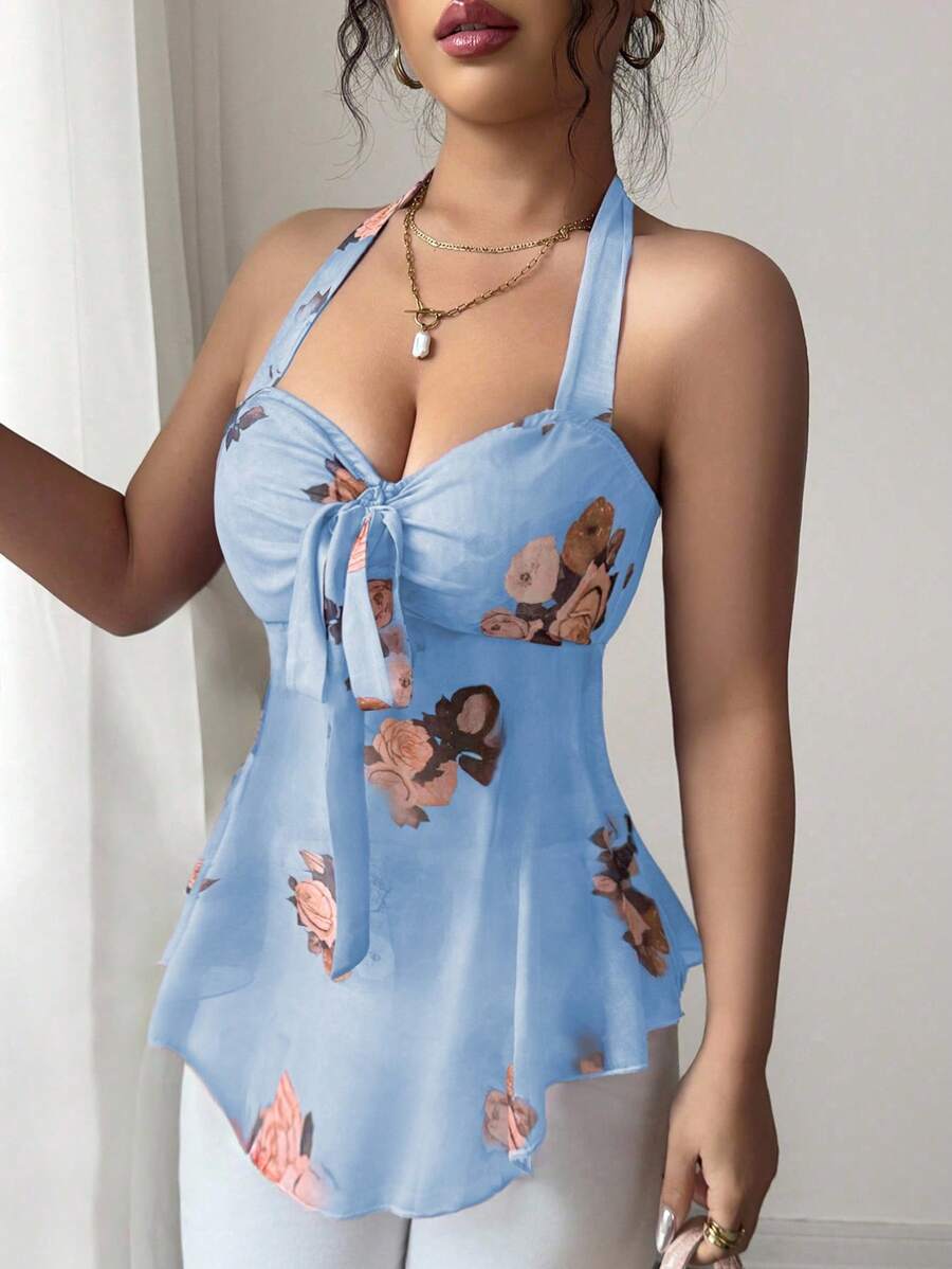 Floral halter top and coquettish with knotted mesh on the front for women