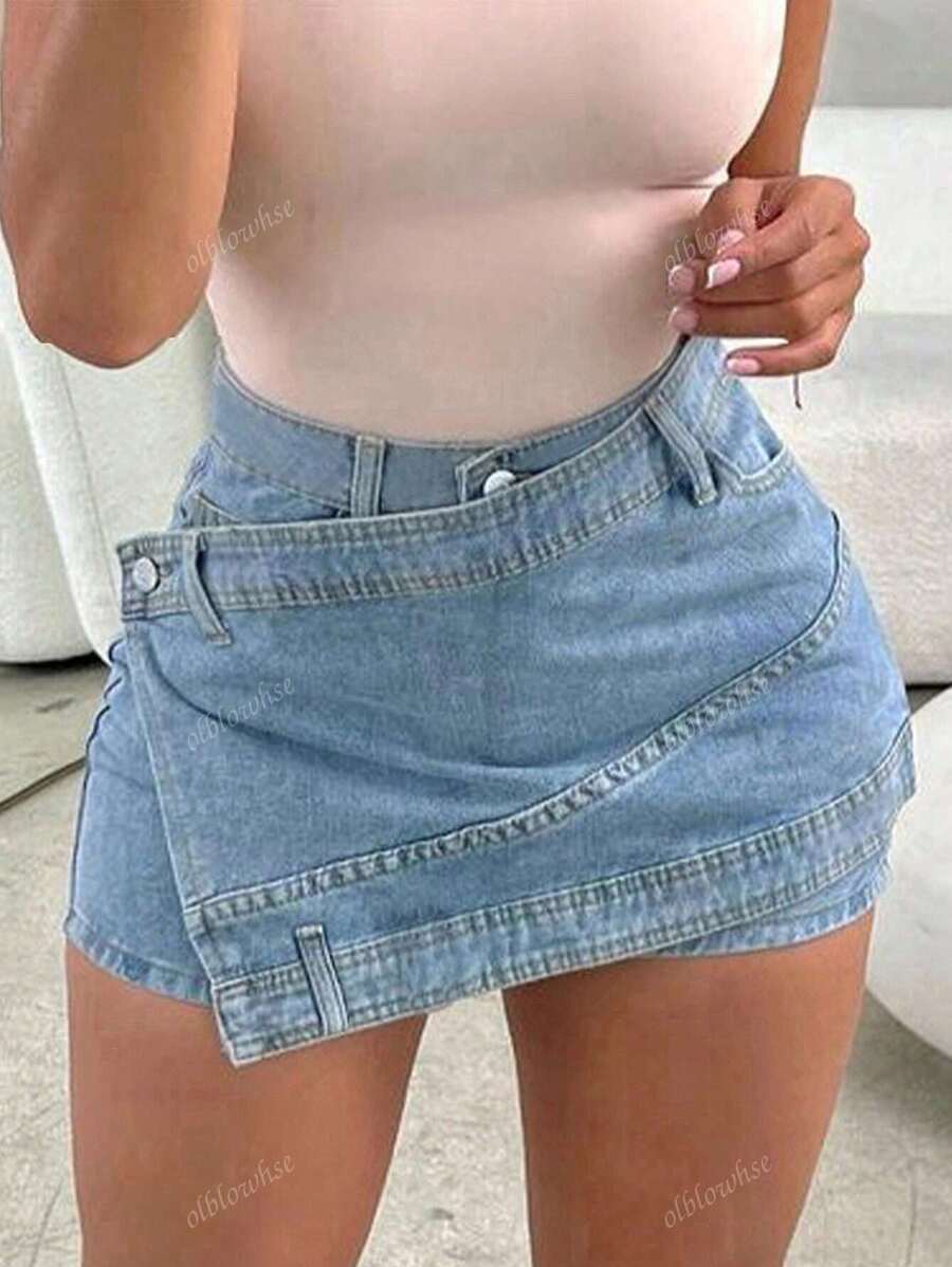 Casual asymmetric wrap mini skirts in skinny denim for women