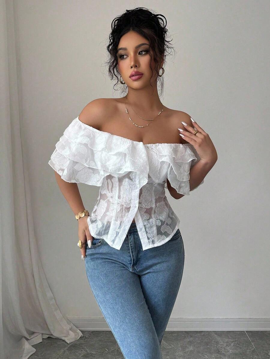 Flirty off-shoulder ruffled fitted tops romantic chic style