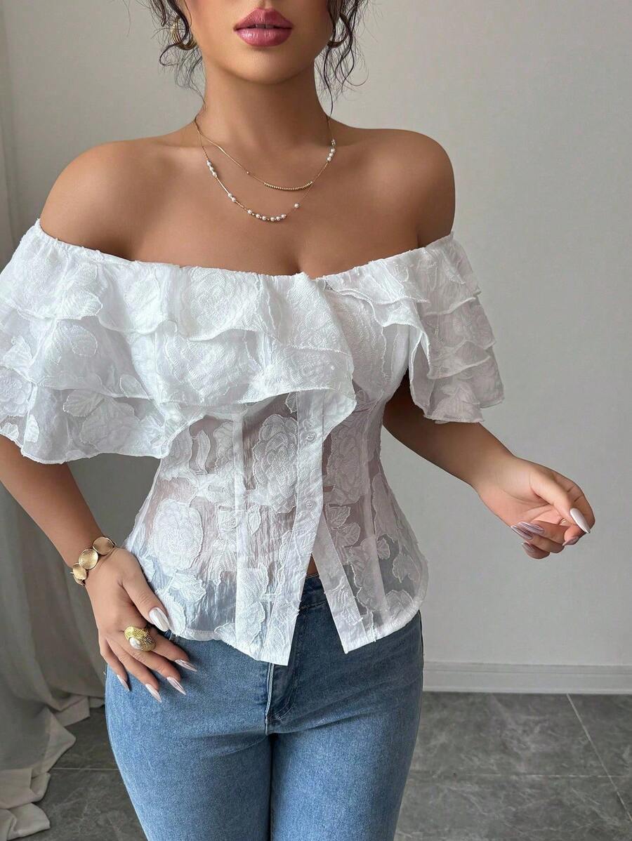 Flirty off-shoulder ruffled fitted tops romantic chic style