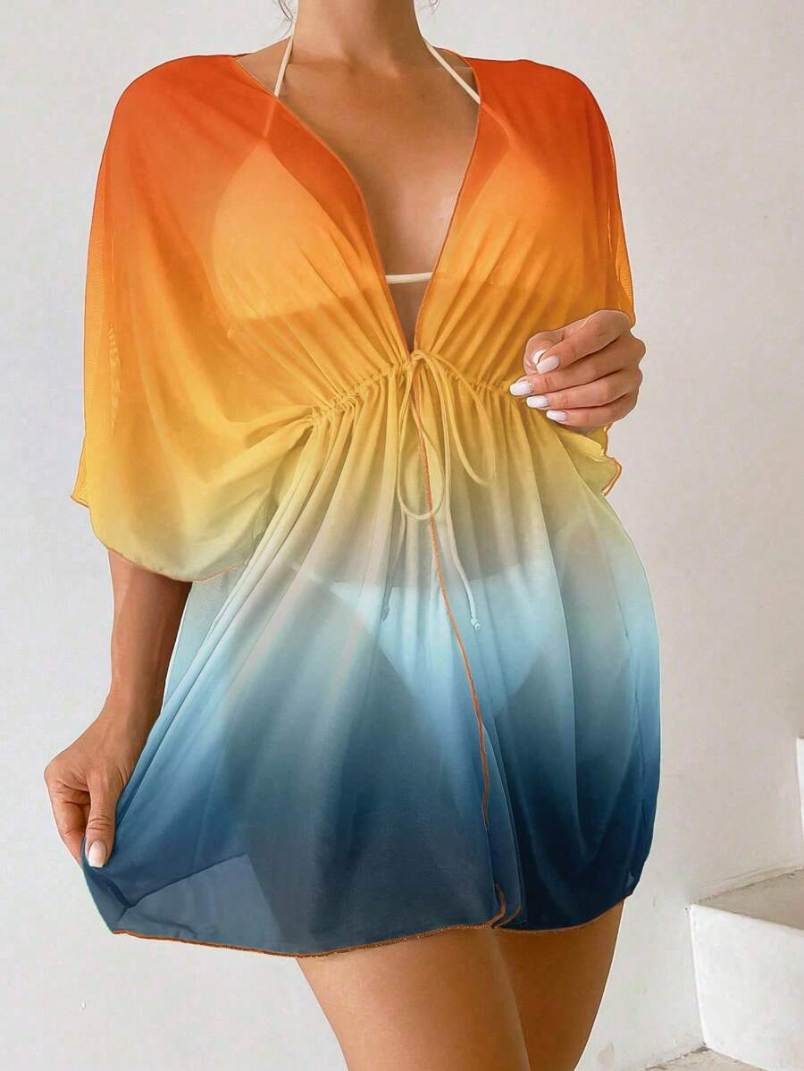 Kimono beach swimsuit cover-up in shaded mesh with batwing sleeves for women
