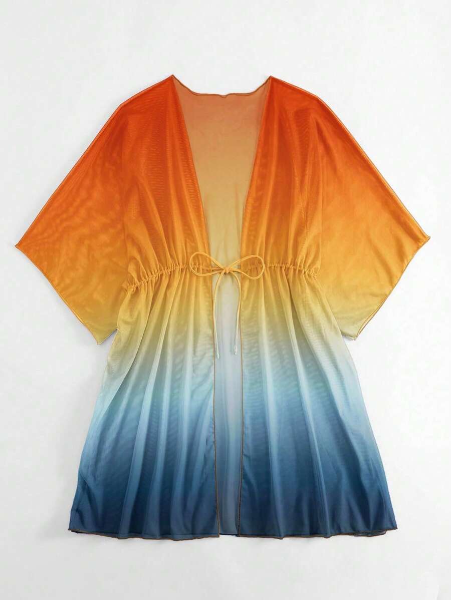 Kimono beach swimsuit cover-up in shaded mesh with batwing sleeves for women