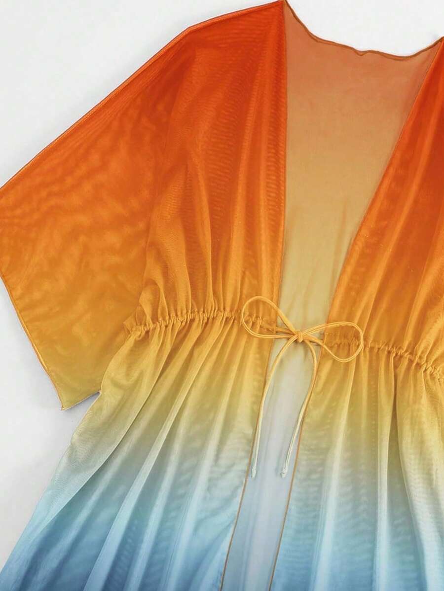 Kimono beach swimsuit cover-up in shaded mesh with batwing sleeves for women