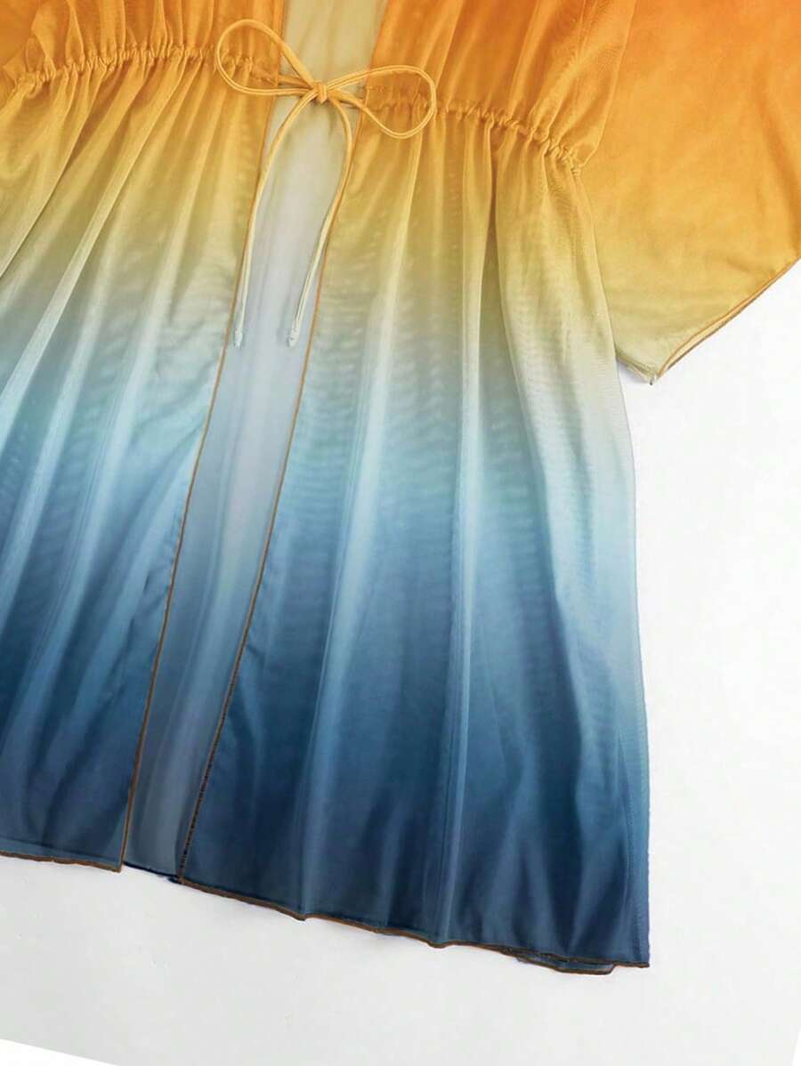 Kimono beach swimsuit cover-up in shaded mesh with batwing sleeves for women