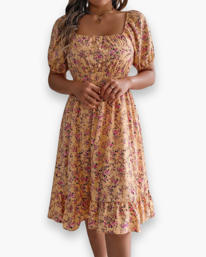 Chic floral midi dress off-shoulder puff sleeves summer
