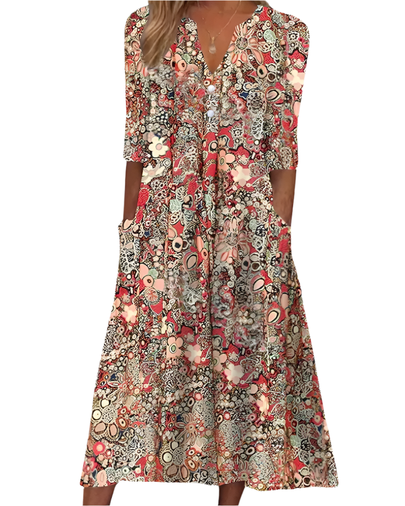 Elegant floral midi dress with V-neck and multicolored floral print