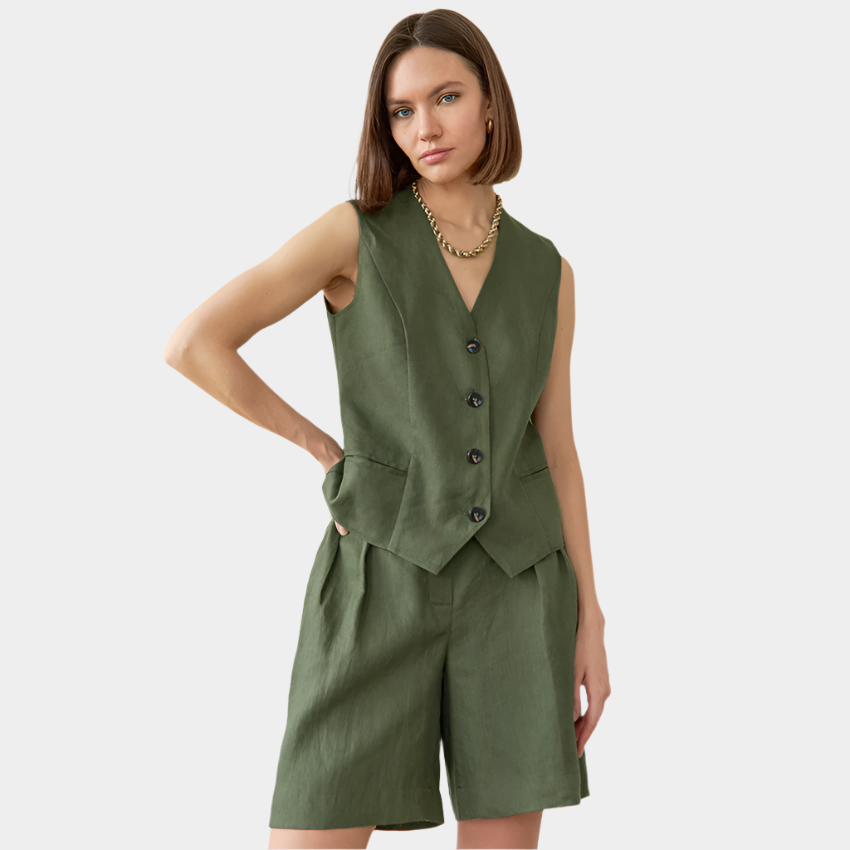 Ensemble chemise et short western vert pour femme – Élégant deux pièces