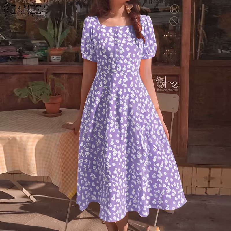 Robe longue fleurie pour femme, longueur mi-mollet et encolure boutonnée