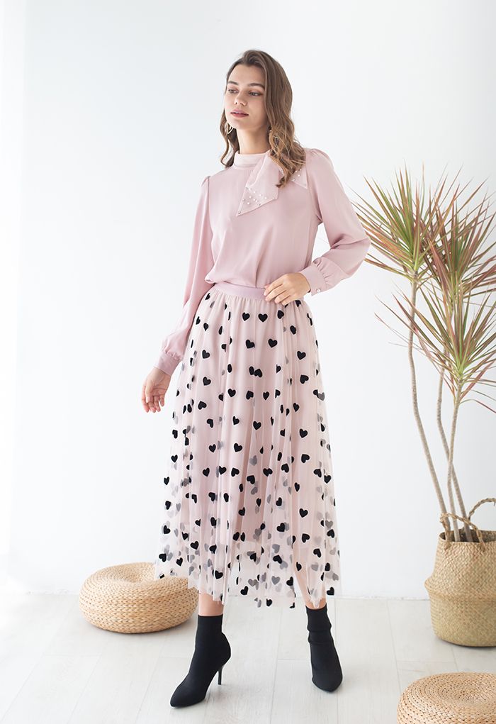Long tulle skirt for women – with hearts, elegant double layer