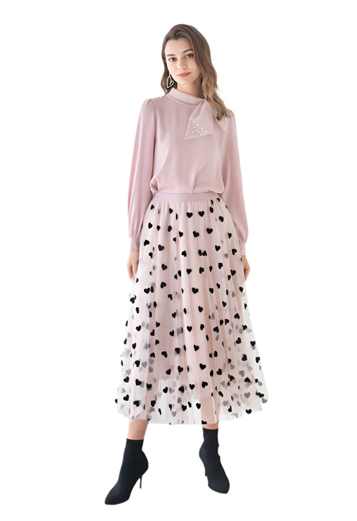 Long tulle skirt for women – with hearts, elegant double layer