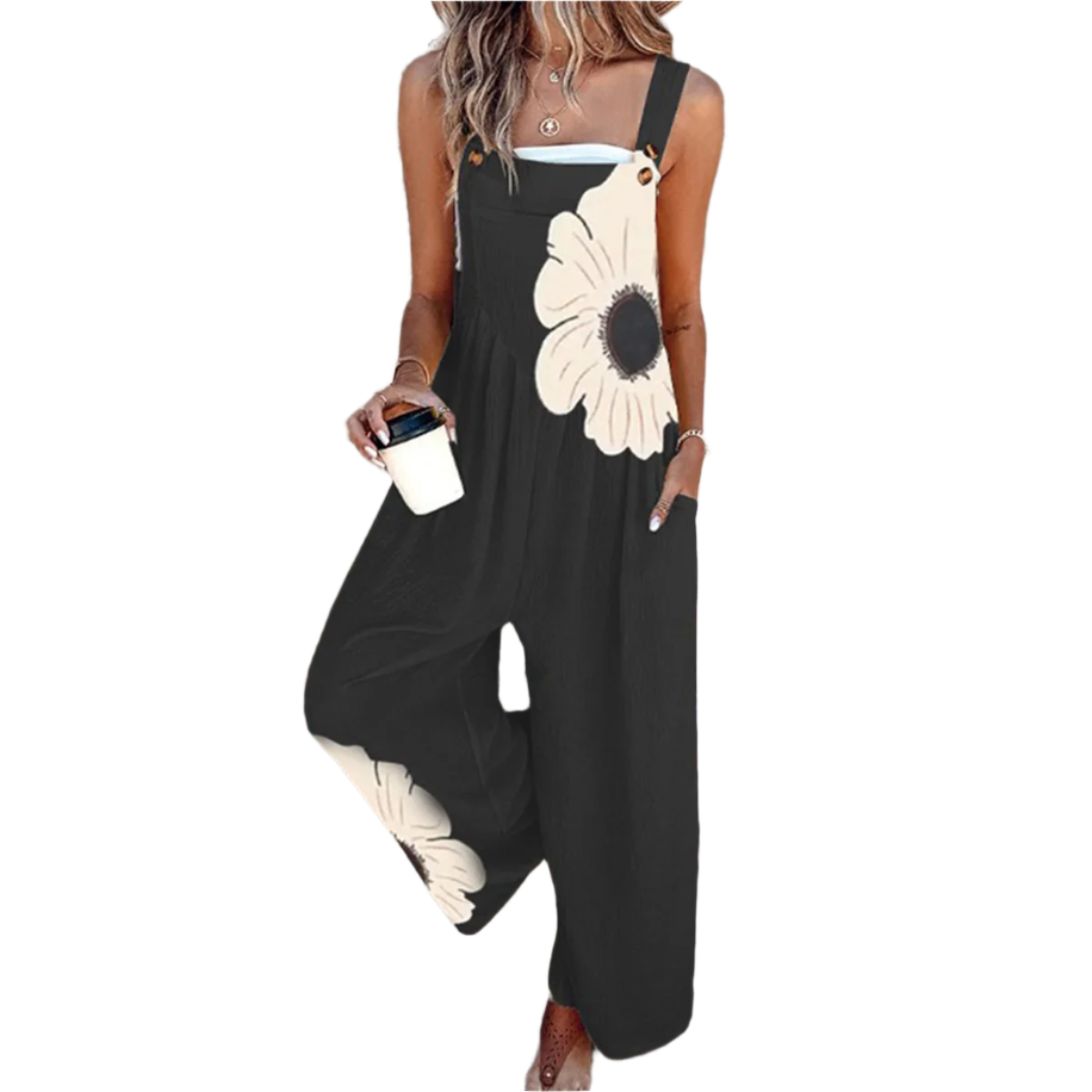 Combinaison en lin fleurie à jambes larges style décontracté chic