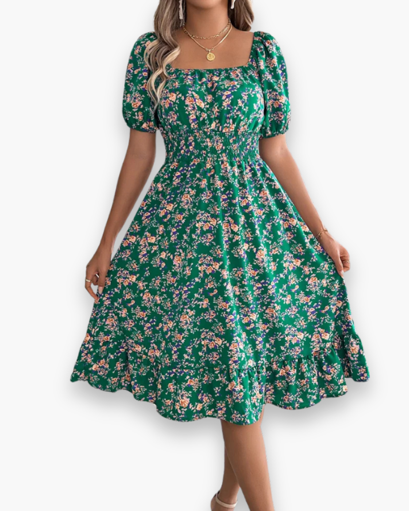 Chic floral midi dress off-shoulder puff sleeves summer