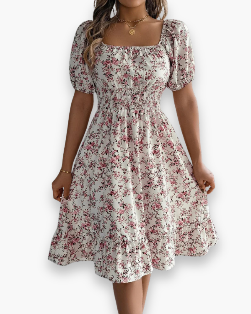 Chic floral midi dress off-shoulder puff sleeves summer